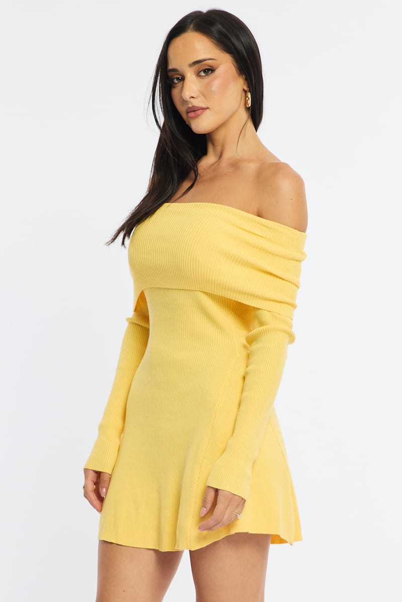 Yellow Knit Dress Long Sleeve Off Shoulder