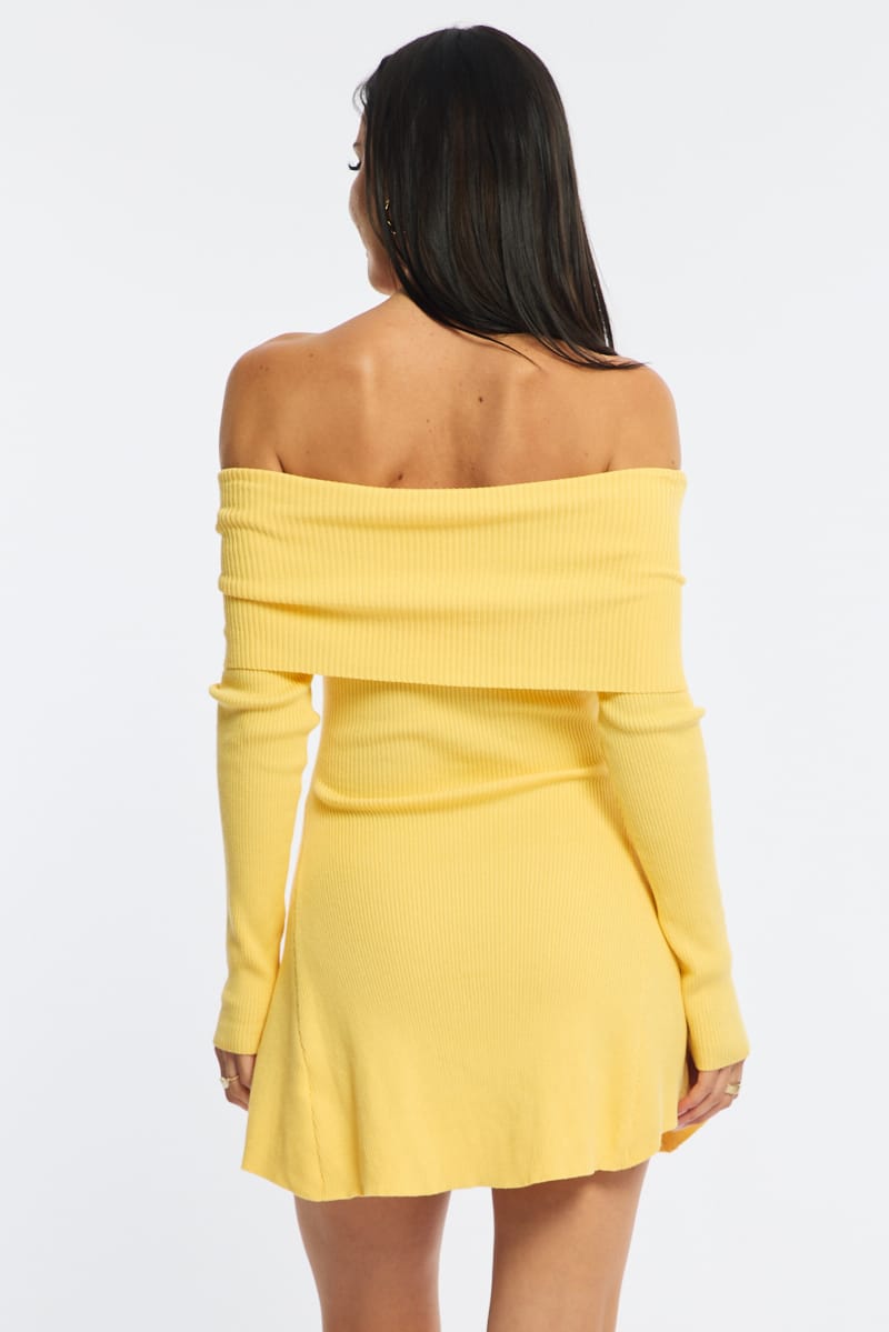 Yellow Knit Dress Long Sleeve Off Shoulder