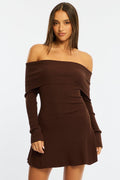 Brown Knit Dress Long Sleeve Off Shoulder