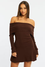 Brown Knit Dress Long Sleeve Off Shoulder