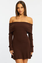 Brown Knit Dress Long Sleeve Off Shoulder