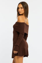 Brown Knit Dress Long Sleeve Off Shoulder