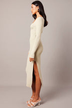 Green Knit Dress Long Sleeve Sweet Heart Neck