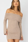 Beige Knit Dress Off Shoulder