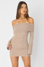 Beige Knit Dress Off Shoulder