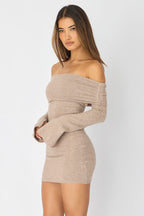 Beige Knit Dress Off Shoulder