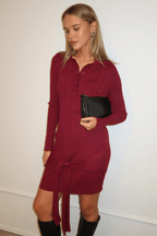 Red Knit Dress Long Sleeve Mini Tie Front Detail