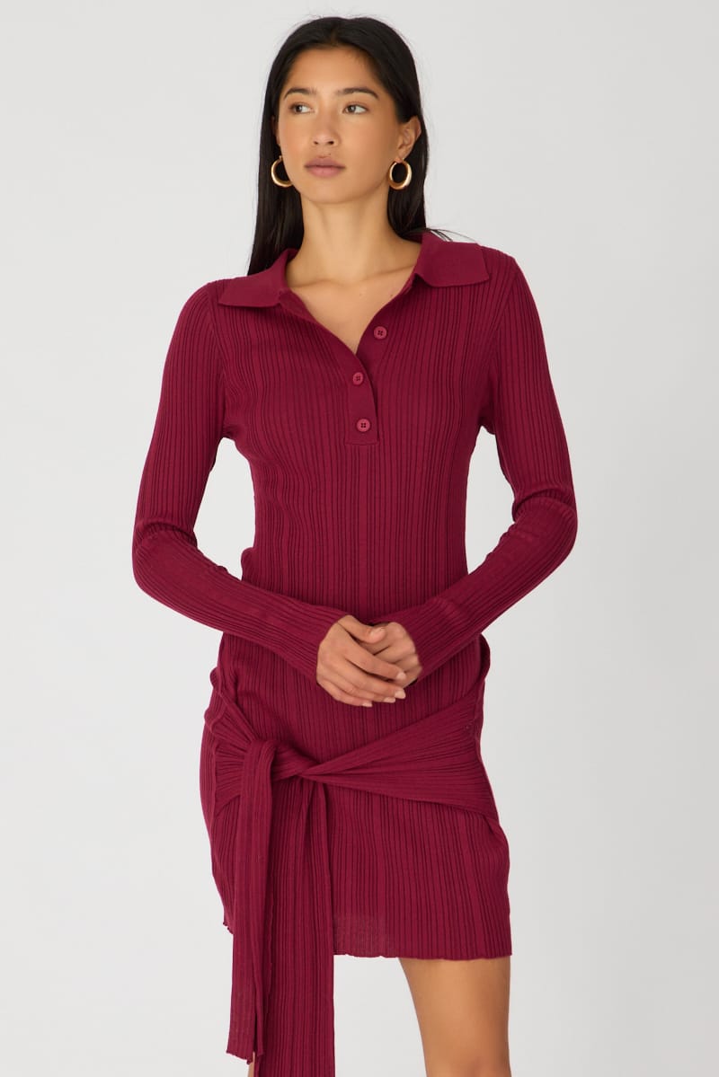 Red Knit Dress Long Sleeve Mini Tie Front Detail
