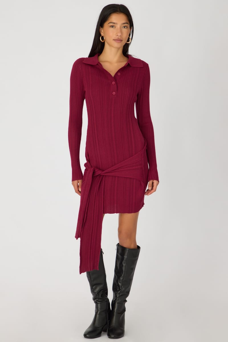 Red Knit Dress Long Sleeve Mini Tie Front Detail