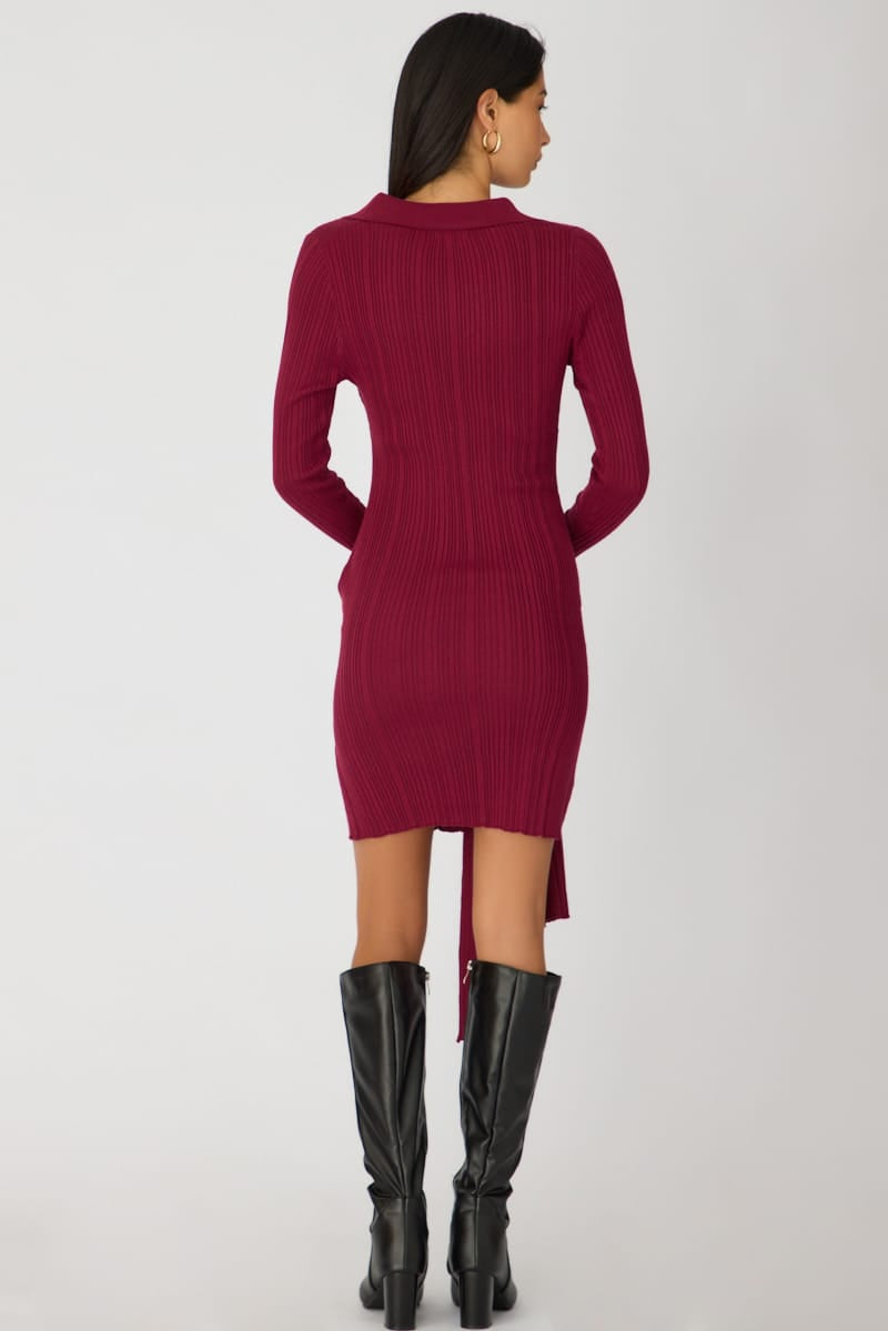Red Knit Dress Long Sleeve Mini Tie Front Detail