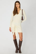 White Knit Dress Long Sleeve Mini Tie Front Detail