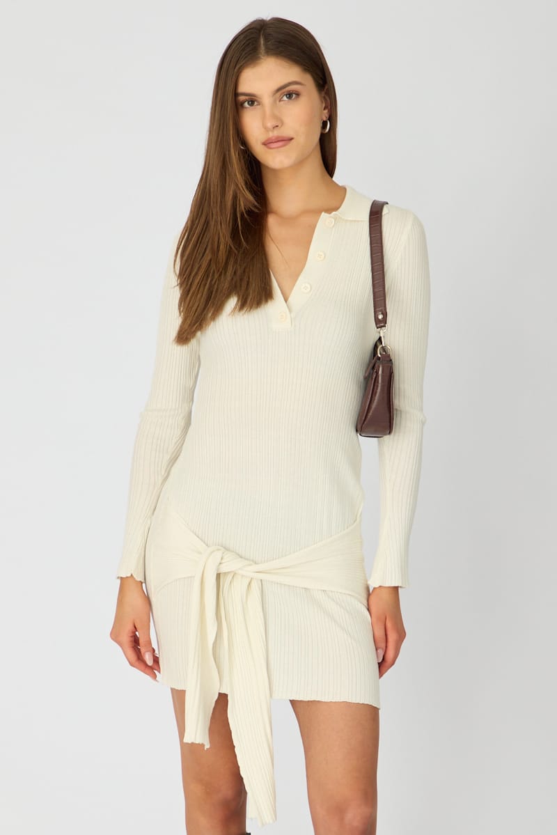 White Knit Dress Long Sleeve Mini Tie Front Detail