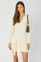 White Knit Dress Long Sleeve Mini Tie Front Detail