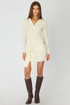 White Knit Dress Long Sleeve Mini Tie Front Detail