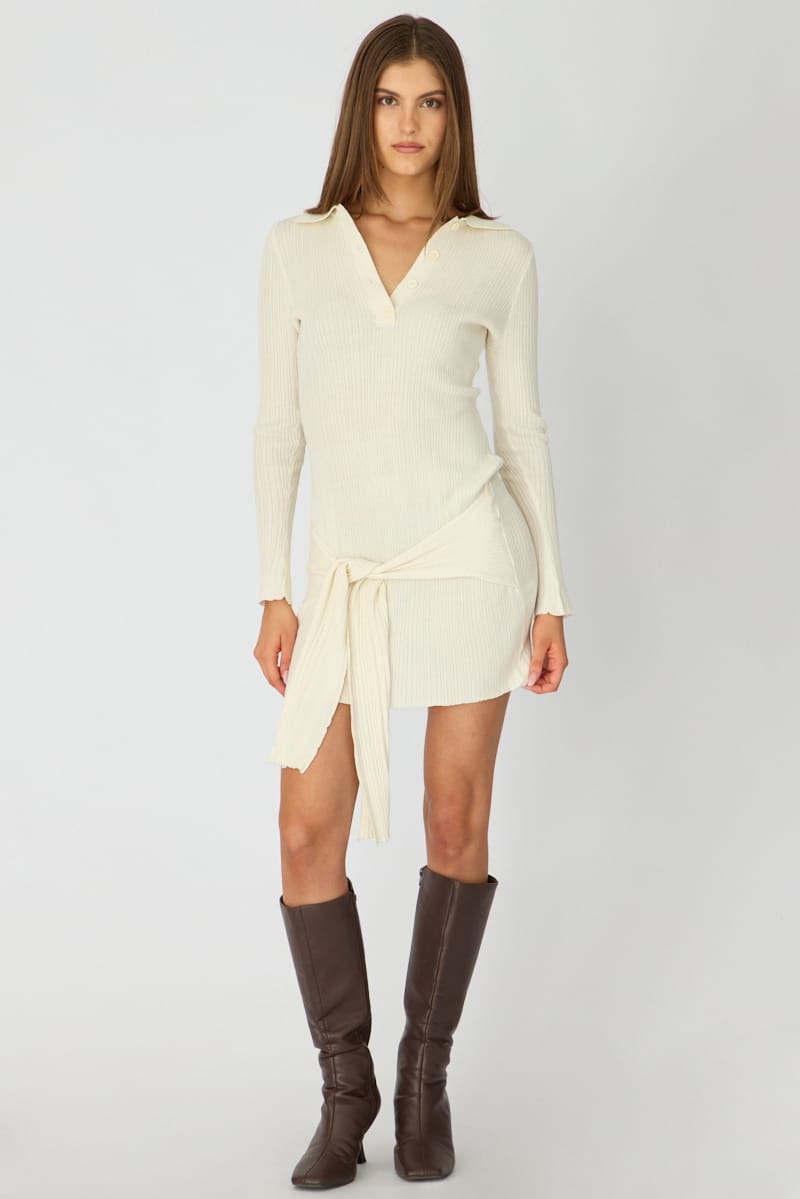 White Knit Dress Long Sleeve Mini Tie Front Detail