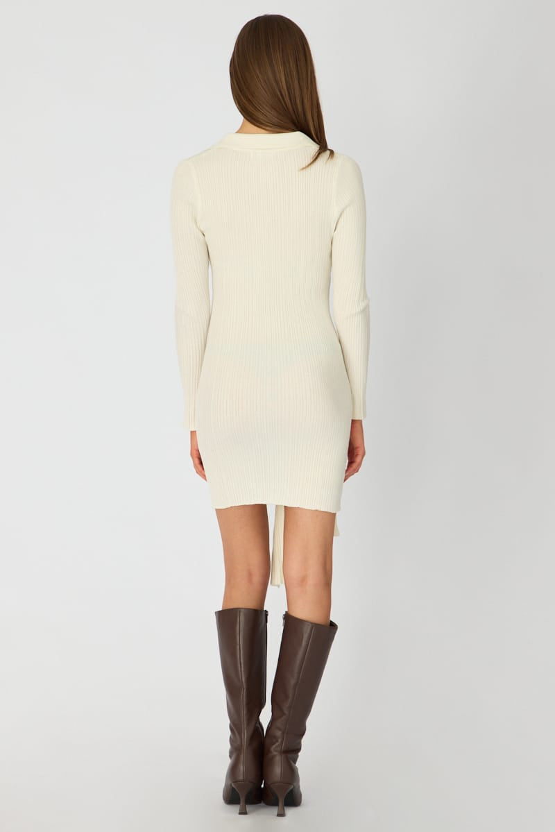 White Knit Dress Long Sleeve Mini Tie Front Detail