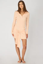 Peach Knit Dress Long Sleeve Mini Tie Front Detail