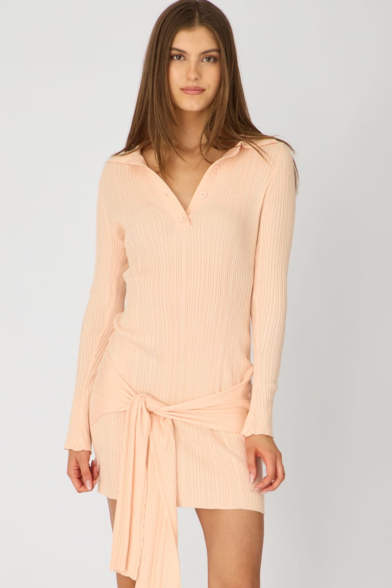 Peach Knit Dress Long Sleeve Mini Tie Front Detail