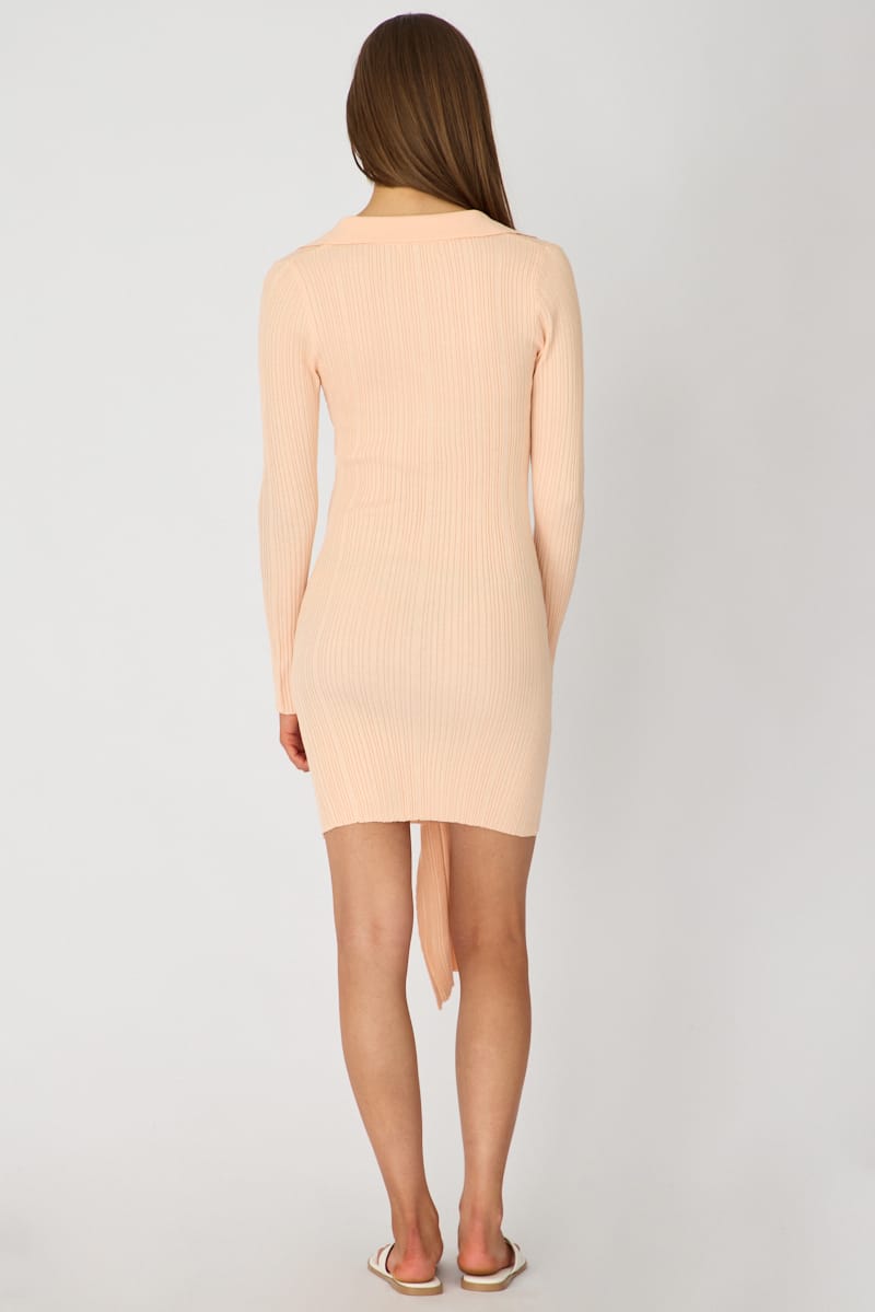 Peach Knit Dress Long Sleeve Mini Tie Front Detail