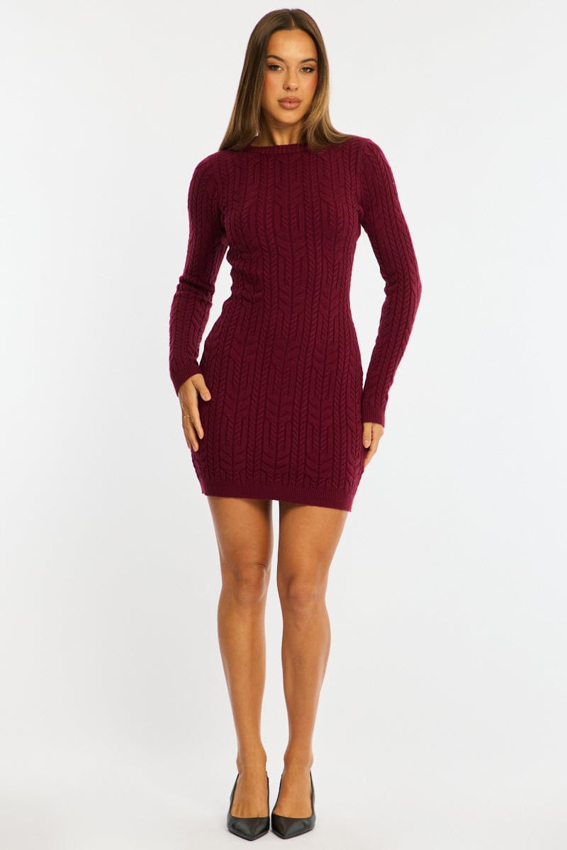 Red Knit Dress Long Sleeve Cable Mini