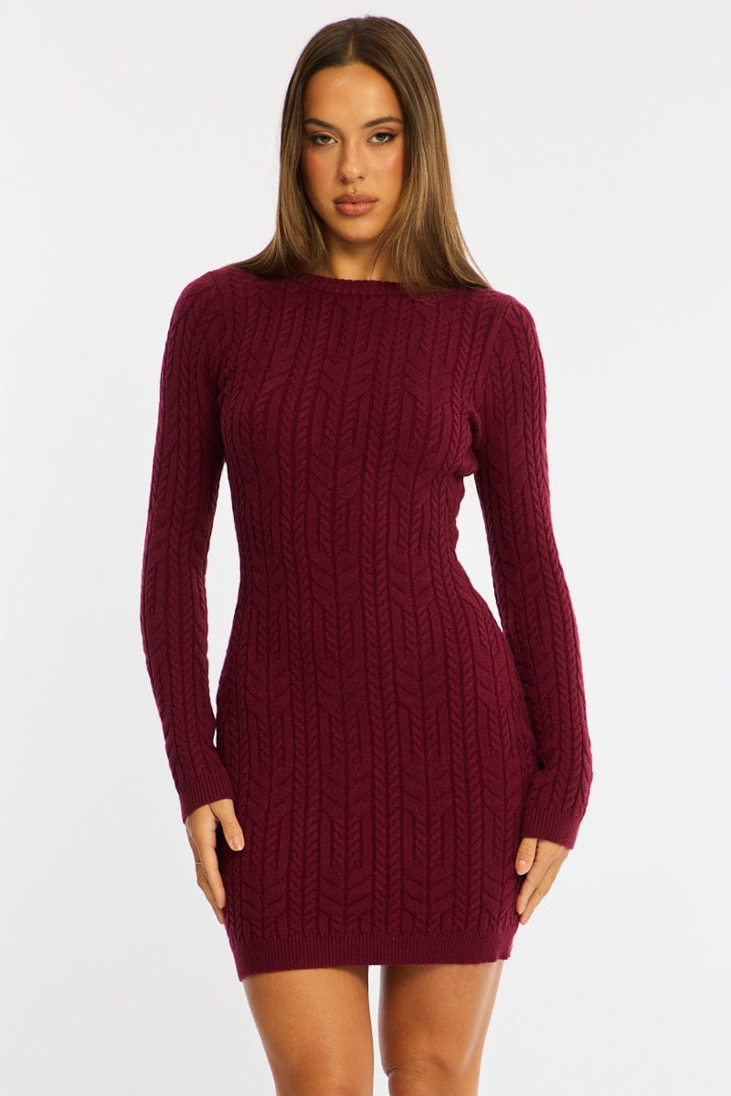 Red Knit Dress Long Sleeve Cable Mini