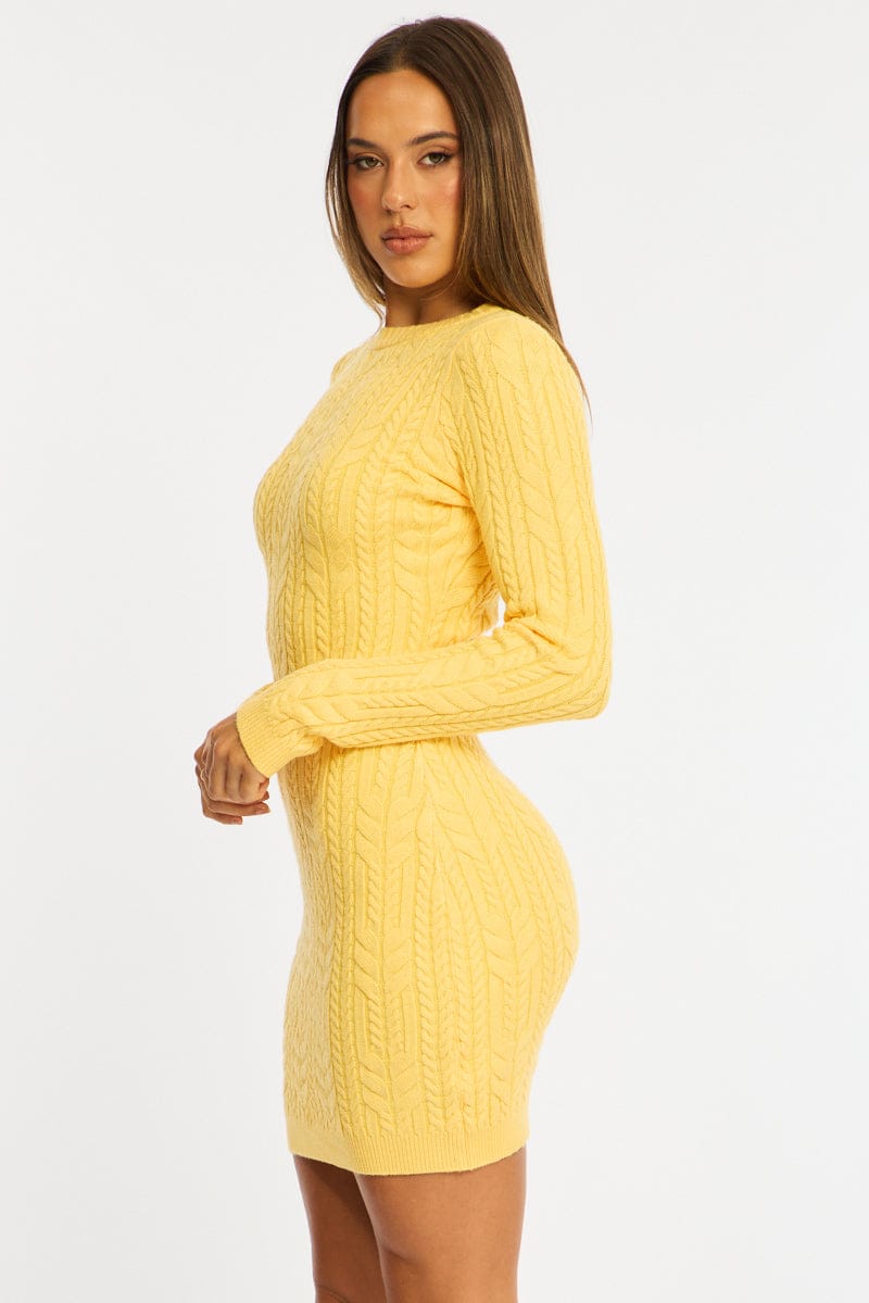 Yellow Knit Dress Long Sleeve Cable Mini