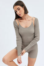 Brown Playsuit & Shrug Set Long Sleeves Sweetheart Knit