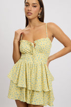 Yellow Ditsy Ruffle Playsuit Sleeveless Frilled