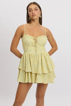 Yellow Ditsy Ruffle Playsuit Sleeveless Frilled