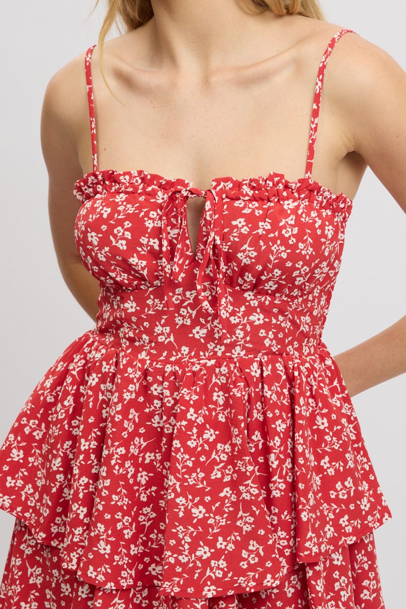 Red Ditsy Ruffle Playsuit Sleeveless Frilled