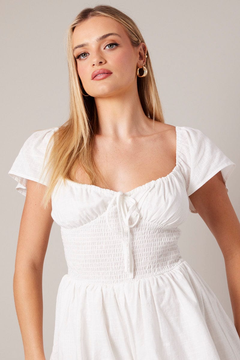 White Shirred Playsuit Short Sleeve
