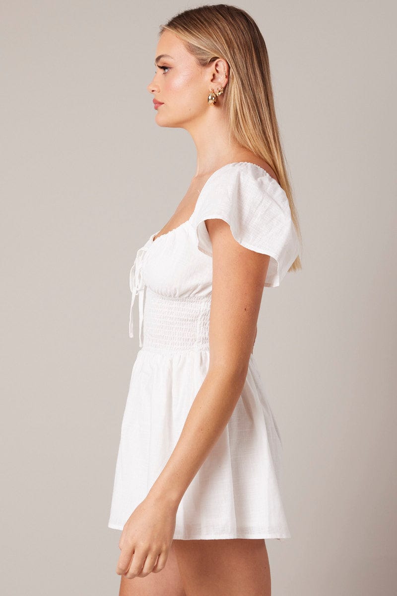 White Shirred Playsuit Short Sleeve
