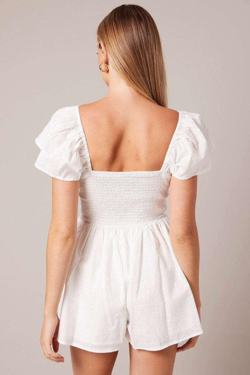 White Shirred Playsuit Short Sleeve