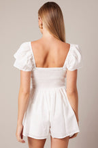 White Shirred Playsuit Short Sleeve