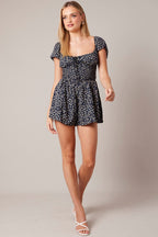 Black Ditsy Shirred Playsuit Short Sleeve Ruched Bust