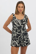 Black Abstract Playsuit Sleeveless Tie Shoulder Linen Blend