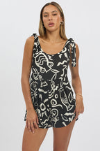Black Abstract Playsuit Sleeveless Tie Shoulder Linen Blend