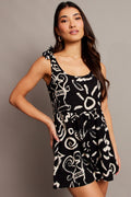 Black Abstract Playsuit Sleeveless Tie Shoulder