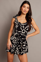 Black Abstract Playsuit Sleeveless Tie Shoulder