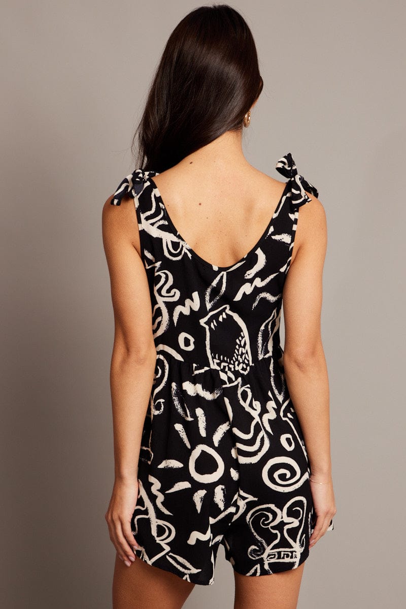 Black Abstract Playsuit Sleeveless Tie Shoulder