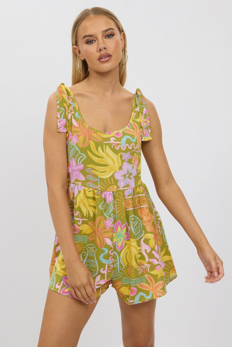 Green Abstract Playsuit Sleeveless Tie Shoulder