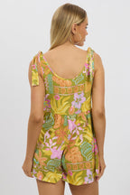 Green Abstract Playsuit Sleeveless Tie Shoulder