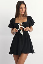 Black Ruffle Playsuit Short Sleeve Front Tie
