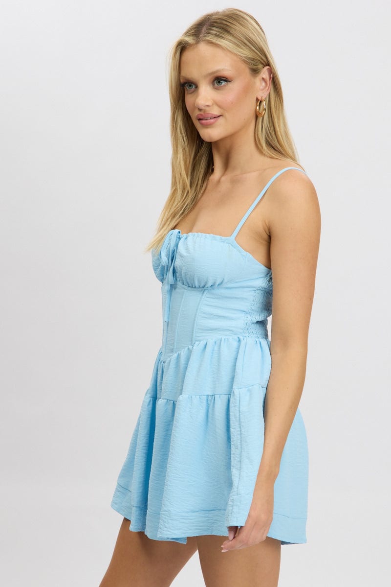 Blue Playsuit Gathered Bust Mini
