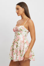 Pink Floral Playsuit Gathered Bust Mini