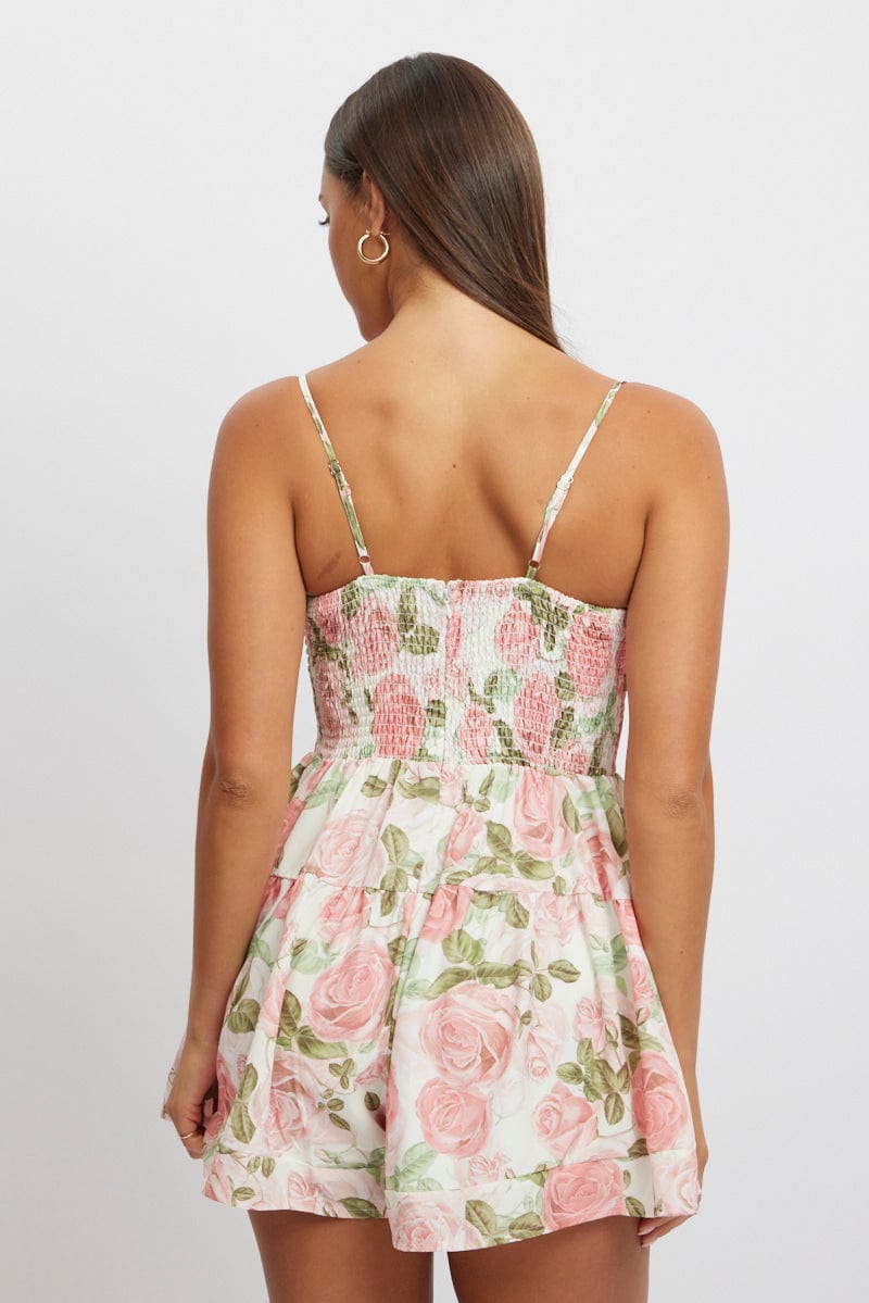 Pink Floral Playsuit Gathered Bust Mini