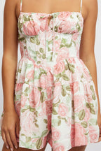 Pink Floral Playsuit Gathered Bust Mini
