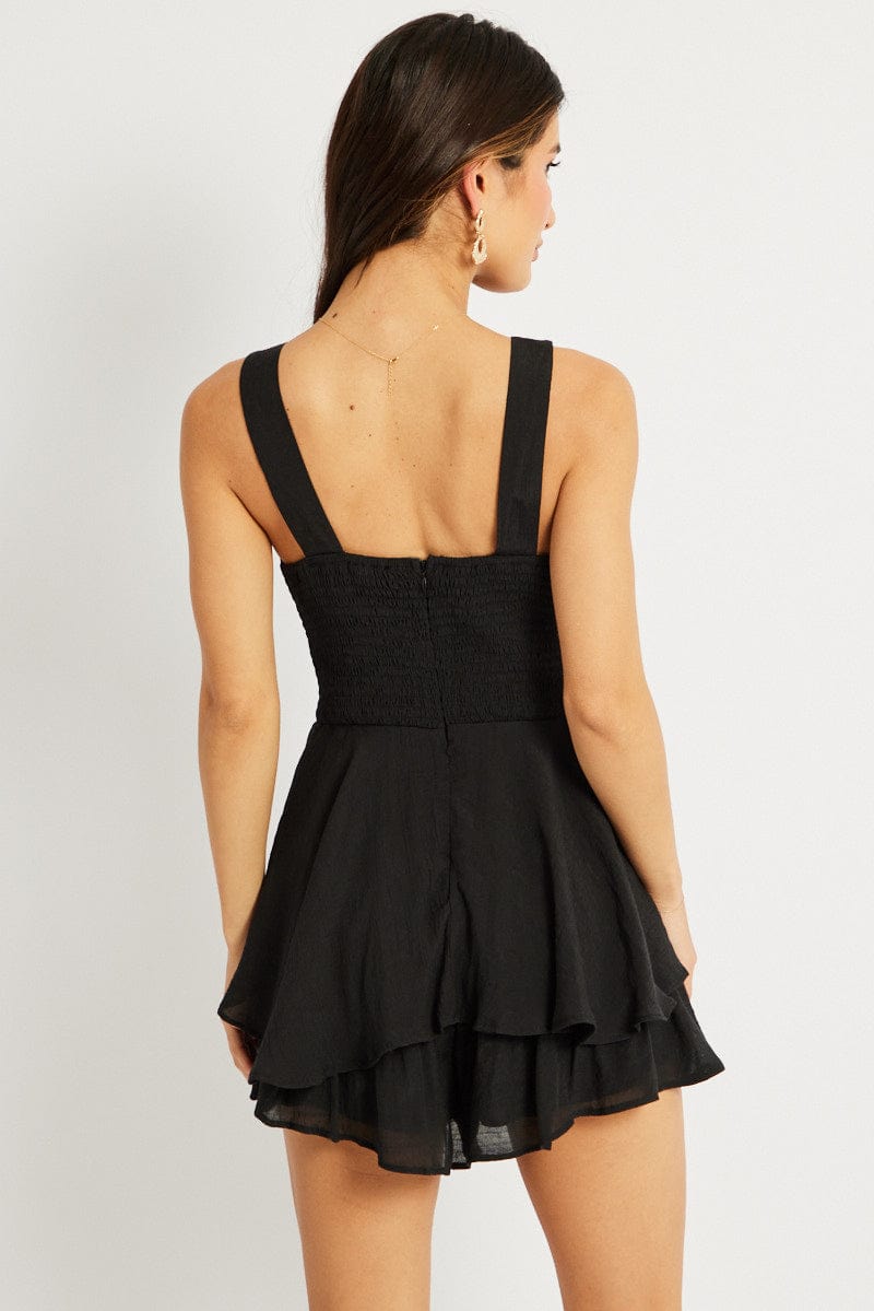 Black Ruffle Playsuit V-Neck