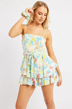 Multi Abstract Fit And Flare Playsuit Square Neck