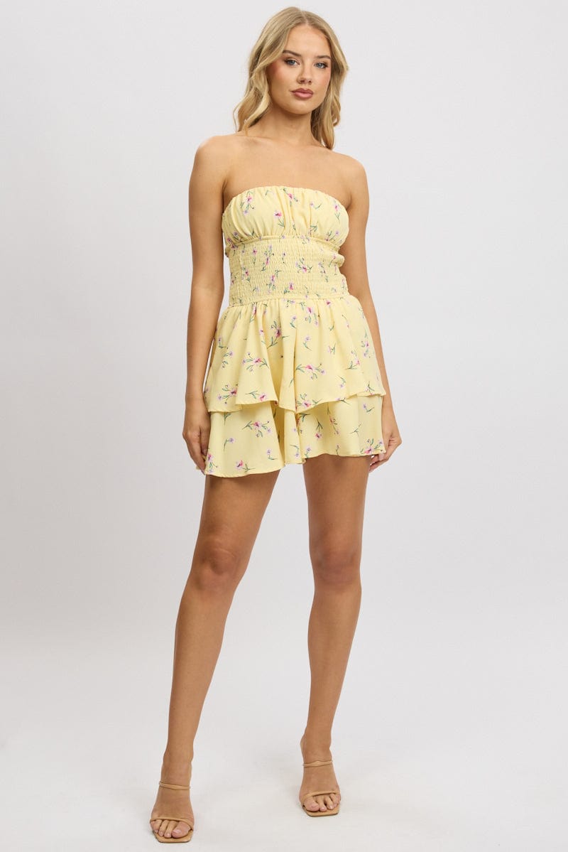 Yellow Floral Strapless Playsuit Ruffled
